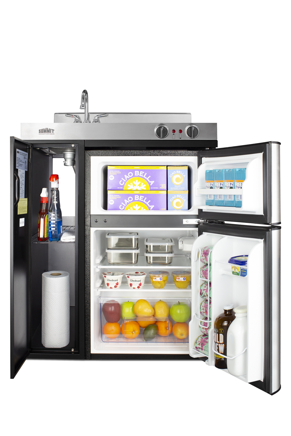 30 inch wide all-in-one kitchenette in black with a 2-burner 115V coil cooktop, 2-door refrigerator-freezer, sink, and storage cabinet
